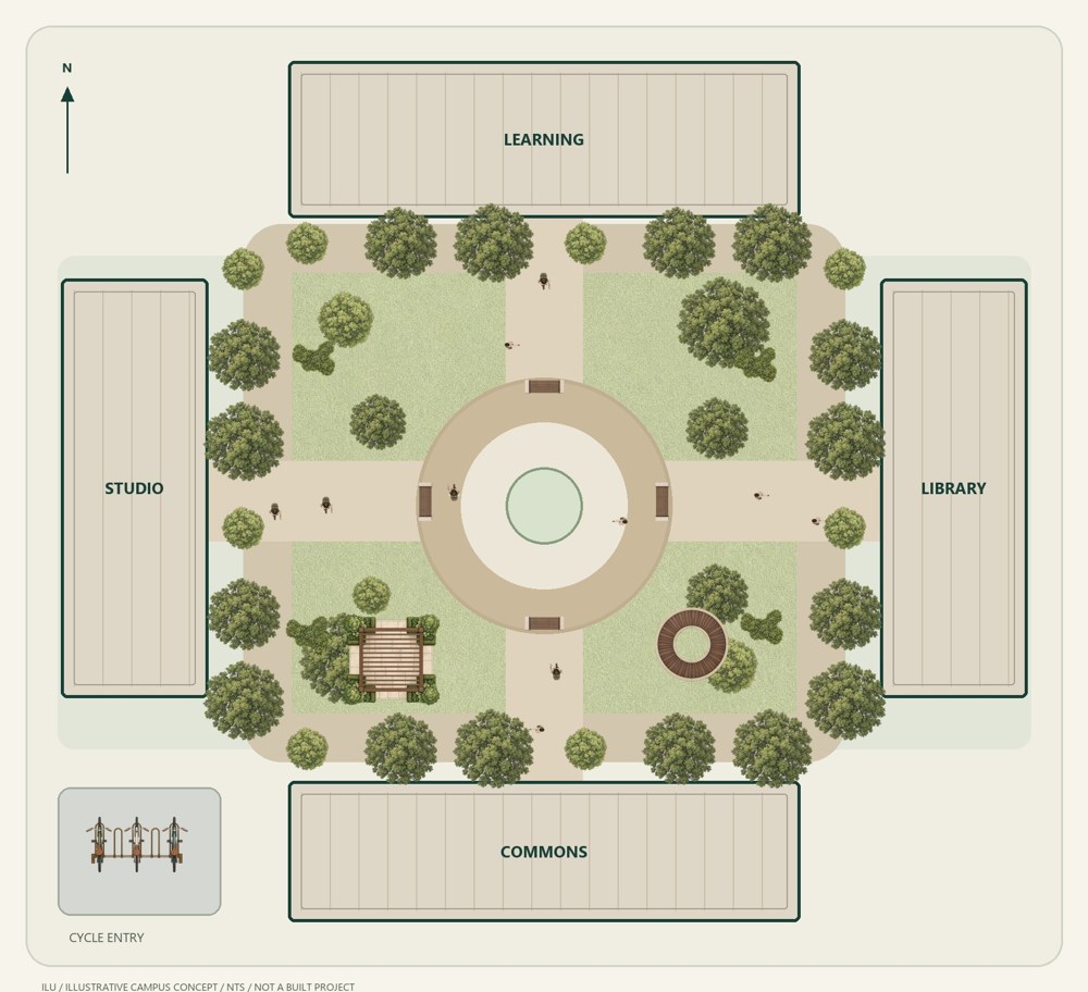Illustrative campus quad with planted edges, seating and cycle parking